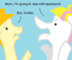 Size: 265x222 | Tagged: safe, artist:ponamona, aunt orange, golden delicious (g3), g3, g4, dialogue