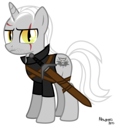 Size: 600x656 | Tagged: safe, artist:kiowa213, pony, beard, clothes, crossover, geralt of rivia, ponified, scarf, solo, sword, the witcher