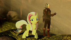 Size: 1192x670 | Tagged: safe, artist:allen77, fluttershy, human, g4, 3d, crossover, forest, geralt of rivia, palindrome get, source filmmaker, sword, the witcher