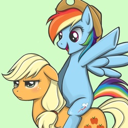Size: 1024x1024 | Tagged: dead source, safe, artist:murraysnow, applejack, rainbow dash, earth pony, pegasus, pony, g4, accessory swap, applejack's hat, blushing, cowboy hat, female, floppy ears, freckles, frown, hat, mare, open mouth, ponies riding ponies, rainbow dash riding applejack, riding, smiling, stetson, unamused