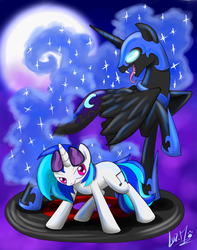 Size: 850x1078 | Tagged: safe, artist:chocolatechilla, dj pon-3, nightmare moon, vinyl scratch, g4, moon