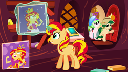 Size: 1280x720 | Tagged: safe, artist:violetclm, drama letter, sunset shimmer, sweet leaf, watermelody, human, pony, unicorn, equestria girls, g4, my little pony equestria girls, background human, book, clothes, dress, equestria girls ponified, golden oaks library, hanukkah, humanized, menorah, ponified