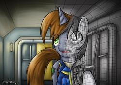 Size: 1200x838 | Tagged: safe, artist:jeffk38uk, oc, oc only, oc:littlepip, pony, unicorn, fallout equestria, clothes, cutie mark, fanfic, fanfic art, female, glitch, hooves, horn, jumpsuit, mare, open mouth, partial color, pipbuck, solo, stable (vault), vault suit