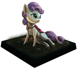 Size: 630x565 | Tagged: dead source, safe, artist:i-am-knot, sweetie belle, pony, g4, cape, clothes, dirt cube, female, figurine, gaming miniature, miniature, missing horn, simple background, solo, transparent background