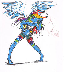 Size: 1024x1145 | Tagged: safe, artist:countesshalcyon, rainbow dash, human, g4, bandeau, belly button, female, humanized, midriff, pony coloring, solo, traditional art, winged humanization