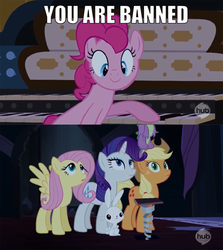 Size: 680x763 | Tagged: safe, edit, edited screencap, screencap, angel bunny, applejack, fluttershy, pinkie pie, rarity, spike, castle mane-ia, g4, animation error, banned, caption, hub logo, hubble, image macro, musical instrument, no tail, organ, organ to the outside, spikeabuse, the hub