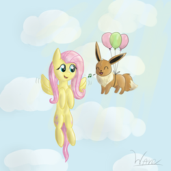 Size: 2000x2000 | Tagged: safe, artist:wave-realm, fluttershy, eevee, g4, balloon, crossover, cute, eyes closed, floating, flying, music notes, open mouth, pokémon, smiling