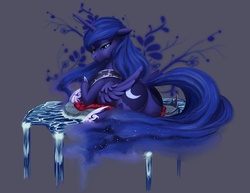 Size: 4800x3700 | Tagged: safe, artist:forgotten-wings, princess luna, alicorn, pony, g4, butt, crown, crying, dirt cube, female, hoof shoes, jewelry, mare, moonbutt, peytral, plot, prone, regalia, solo, surreal, water