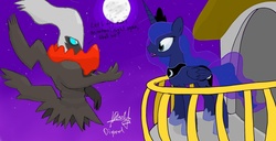 Size: 1600x818 | Tagged: safe, artist:digiral, princess luna, alicorn, darkrai, pony, g4, balcony, crossover, female, mare, moon, pokémon