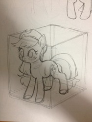 Size: 960x1280 | Tagged: safe, artist:aruurara, applejack, g4, bottled character, box, female, monochrome, solo, standing, traditional art
