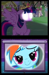 Size: 1029x1581 | Tagged: safe, rainbow dash, twilight sparkle, alicorn, pony, g4, bedroom eyes, exploitable meme, female, glowing eyes, mare, projector, screen, ship:twidash, shipping, twilight projector, twilight sparkle (alicorn)