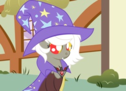 Size: 1236x894 | Tagged: safe, artist:shinta-girl, discord, oc, g4, accessory swap, adoreris, alicorn amulet, cape, clothes, cute, eris, hat, rule 63, rule63betes, solo, trixie's cape, trixie's hat, younger