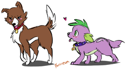 Size: 572x320 | Tagged: safe, artist:furreon, edit, spike, winona, dog, equestria girls, g4, blushing, collar, eyes on the prize, female, heart, looking at butt, male, sfw edit, ship:spinona, shipping, spike the dog, straight, tongue out