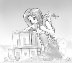 Size: 896x788 | Tagged: safe, artist:alloyrabbit, angel bunny, applejack, fluttershy, rainbow dash, twilight sparkle, equestria girls, g4, clothes, giantess, gray background, grayscale, humanized, macro, monochrome, panties, ponyville town hall, simple background, skirt, town hall, twilight sparkle (alicorn), underwear, upskirt