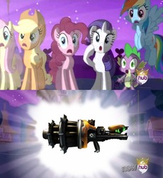 Size: 638x693 | Tagged: safe, applejack, fluttershy, pinkie pie, rainbow dash, rarity, spike, g4, alicorn flash, exploitable meme, hub logo, meme, ratchet and clank, ryno