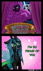 Size: 468x768 | Tagged: safe, artist:themisdolorous, queen chrysalis, oc, oc:fluffle puff, g4, comic, corrupted, lightning, nightmare puff, nightmarified, raspberry noise