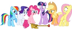 Size: 1024x419 | Tagged: safe, applejack, fluttershy, pinkie pie, rainbow dash, rarity, twilight sparkle, g4, baffled, do not want, happy, mane six, reaction, shocked, twilight scepter, varying degrees of want