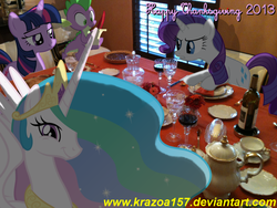 Size: 1024x768 | Tagged: safe, artist:krazoa157, princess celestia, rarity, spike, twilight sparkle, g4, food, irl, photo, ponies in real life, table, thanksgiving