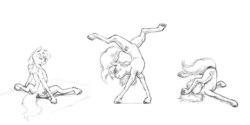 Size: 1250x625 | Tagged: safe, artist:baron engel, oc, oc only, oc:carousel, earth pony, pony, active stretch, backbend, butt, female, flexible, frontbend, grayscale, monochrome, pencil drawing, plot, solo, stretching, traditional art