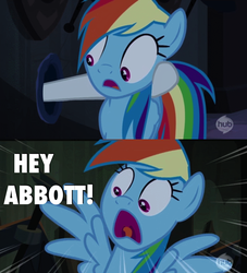 Size: 957x1053 | Tagged: safe, rainbow dash, rarity, castle mane-ia, g4, abbott and costello, hooves, hub logo, hubble, image macro, scared, text, yelling
