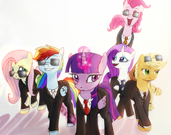Size: 2000x1574 | Tagged: dead source, safe, artist:abductionfromabove, applejack, fluttershy, pinkie pie, rainbow dash, rarity, twilight sparkle, alicorn, pony, g4, businessmare, classy, clothes, female, grin, happy, jumping, magic, mane six, mare, necktie, redraw, smiling, suit, sunglasses, telekinesis, twilight sparkle (alicorn)
