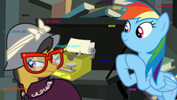 Size: 1920x1080 | Tagged: safe, a.k. yearling, daring do, rainbow dash, daring don't, g4, annoyed, comic sans, daring do is not amused, doge, glasses, hat, meme, text, unamused
