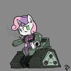 Size: 1600x1600 | Tagged: safe, artist:whydomenhavenipples, sweetie belle, pony, robot, robot pony, unicorn, clothes, female, filly, foal, gray background, hooves, horn, scarf, signature, simple background, smoke, smoking, solo, sweetie bot, tank (vehicle), wat, weapon
