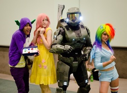 Size: 3959x2899 | Tagged: safe, artist:ladymella, fluttershy, rainbow dash, spike, human, g4, anime expo, anime expo 2012, arby n the chief, cosplay, crossover, gem, halo (series), irl, irl human, master chief, photo