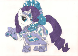 Size: 900x654 | Tagged: safe, artist:xarazel, rarity, g4, armor, armorarity, female, league of legends, shield, solo, taric