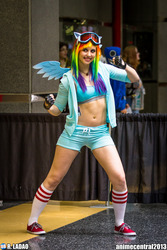 Size: 1365x2047 | Tagged: safe, artist:peachypossum, rainbow dash, human, g4, anime central, anime central 2013, belly button, clothes, cosplay, costume, fingerless gloves, gloves, goggles, irl, irl human, midriff, photo, shoes, shorts, sneakers, solo