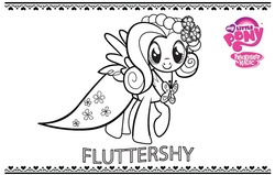 Size: 739x469 | Tagged: safe, fluttershy, butterfly, g4, official, clothes, coloring book, cute, dress, female, logo, looking at you, solo