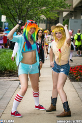 Size: 1365x2048 | Tagged: safe, artist:okicospi, artist:peachypossum, applejack, rainbow dash, human, g4, anime central, anime central 2013, belly button, clothes, convention, cosplay, fingerless gloves, front knot midriff, gloves, irl, irl human, midriff, photo, shorts