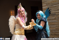 Size: 2048x1365 | Tagged: safe, artist:rladao, princess celestia, princess luna, human, g4, anime central, anime central 2013, clothes, convention, cosplay, fingerless elbow gloves, irl, irl human, photo