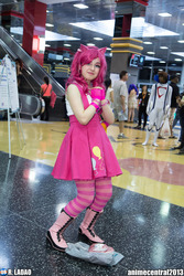 Size: 1365x2048 | Tagged: safe, artist:rladao, pinkie pie, human, g4, anime central, anime central 2013, clothes, convention, cosplay, fingerless gloves, gloves, irl, irl human, photo, socks, striped socks, suspenders