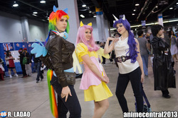 Size: 2048x1365 | Tagged: safe, artist:rladao, fluttershy, rainbow dash, rarity, human, g4, anime central, anime central 2013, clothes, convention, cosplay, headphones, irl, irl human, jacket, photo