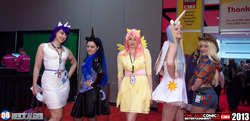 Size: 5183x2505 | Tagged: artist needed, safe, applejack, princess celestia, princess luna, rarity, human, g4, c2e2, c2e2 2013, convention, cosplay, front knot midriff, irl, irl human, midriff, photo