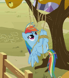Size: 638x718 | Tagged: safe, screencap, rainbow dash, pegasus, pony, fall weather friends, g4, animated, bondage, cropped, female, fence, hogtied, loop, rainbond dash, rope, solo, struggling, suspended, tied up, tree
