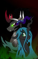 Size: 719x1111 | Tagged: safe, artist:l9obl, color edit, edit, king sombra, queen chrysalis, changeling, changeling queen, pony, unicorn, g4, colored, couple, female, love, male, ship:chrysombra, shipping, straight
