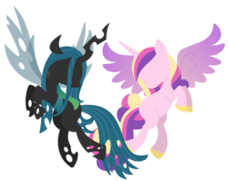 Size: 1647x1305 | Tagged: safe, artist:cuttycommando, princess cadance, queen chrysalis, alicorn, changeling, changeling queen, pony, g4, featured image, female, hooves, horn, lineless, mare, minimalist, simple background, solo, spread wings, transparent background, wings