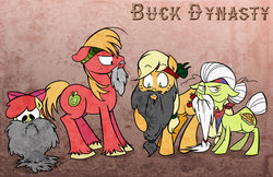 Size: 800x518 | Tagged: safe, artist:bunnimation, apple bloom, applejack, big macintosh, granny smith, earth pony, pony, g4, bandana, beard, brother and sister, duck dynasty, family, female, grandmother and grandchild, male, mare, moustache, parody, siblings, sisters, stallion