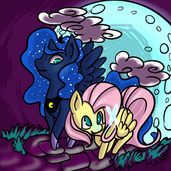Size: 1750x1750 | Tagged: safe, artist:fauxsquared, fluttershy, princess luna, g4, black outlines, colored pupils, glowing, moon, side by side