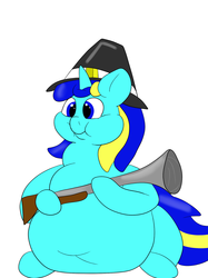 Size: 1280x1707 | Tagged: safe, artist:watertimdragon, oc, oc only, oc:jester bells, belly, belly button, blunderbuss, boomstick, fat, gun, morbidly obese, obese, solo, thanksgiving