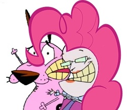 Size: 286x249 | Tagged: safe, pinkie pie, dog, human, g4, barely pony related, courage (character), courage the cowardly dog, hair, hug, ma bagge