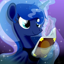 Size: 4000x4000 | Tagged: safe, artist:xwhitedreamsx, princess luna, alicorn, pony, g4, journal of the two sisters, book, close-up, diary, female, journal, magic, mare, quill, smiling, solo