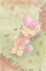 Size: 681x1041 | Tagged: safe, artist:slightlyshade, scootaloo, g4, cape, clothes, female, leaves, sleeping, solo, traditional art