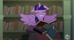 Size: 570x308 | Tagged: safe, twilight sparkle, alicorn, pony, castle mane-ia, g4, adorkable, book, bookshelf, cute, dork, eyes closed, female, floppy ears, grin, mare, smiling, solo, spread wings, that pony sure does love books, twiabetes, twilight sparkle (alicorn), wingboner