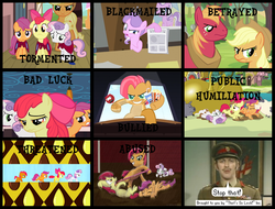 Size: 804x612 | Tagged: safe, artist:belpheles, edit, edited screencap, screencap, apple bloom, applejack, babs seed, big macintosh, diamond tiara, scootaloo, sweetie belle, earth pony, pony, g4, one bad apple, ponyville confidential, abuse, applebuse, betrayal, blackmail, colonel, comic, crusadabuse, cutie mark crusaders, graham chapman, male, monty python, scootabuse, song in the comments, stallion, sweetiebuse, the colonel, totally lashed