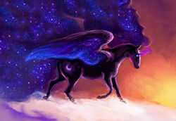 Size: 1280x883 | Tagged: safe, artist:elkaart, nightmare moon, g4, cloud, cloudy, female, glowing eyes, long mane, long tail, realistic, solo, twilight (astronomy)