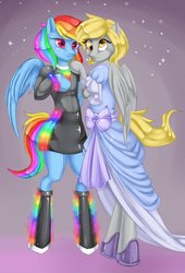 Size: 1768x2600 | Tagged: safe, artist:misukitty, derpy hooves, rainbow dash, pony, semi-anthro, g4, bipedal, clothes, dress