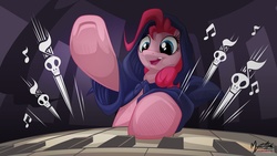 Size: 2560x1440 | Tagged: safe, artist:mysticalpha, pinkie pie, earth pony, pony, castle mane-ia, g4, season 4, cloak, clothes, female, low angle, mare, music notes, musical instrument, open mouth, organ, pinkie being pinkie, playing, scene interpretation, solo, wallpaper